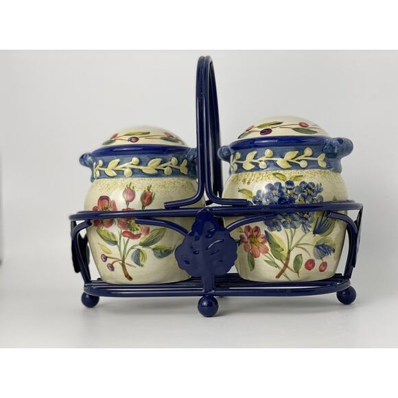 CIC Vintage Large Floral Salt and Pepper Shaker Set w Carrier/Holder - Picture 3 of 14